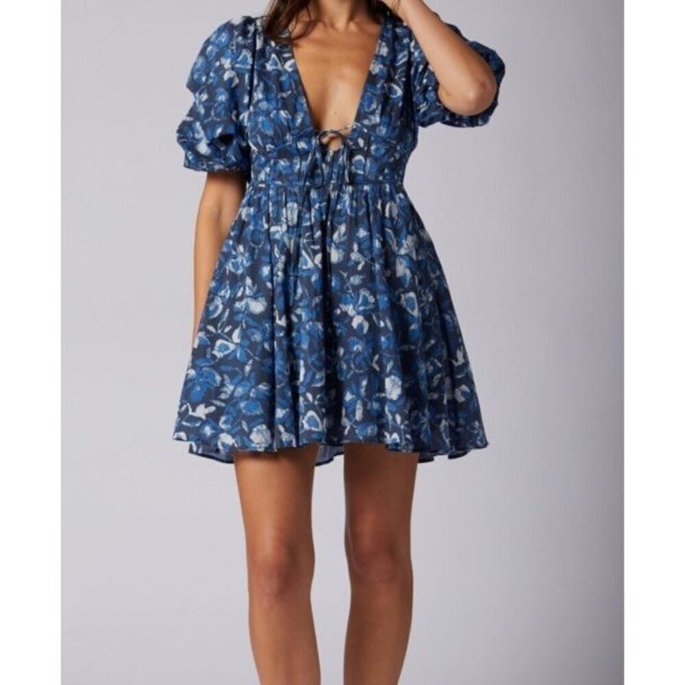Joie Dress Sz 10 Lucia Blue Floral Mini Deep V-neck Cotton Southwestern Babydoll